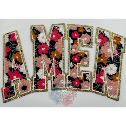 Curved Amen Floral Chenille XL Iron-On Patch