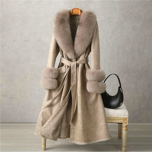 CT074Y Elegant Mid-Length Faux Fur Coat with Fox Fur Collar